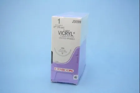 J & J Healthcare Systems - Coated Vicryl - J569h - Absorbable Suture With Needle Coated Vicryl Polyglactin 910 Cpx 1/2 Circle Reverse Cutting Needle Size 1 Braided
