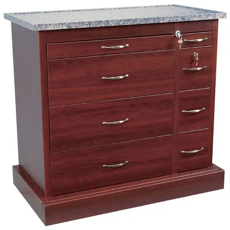 Harloff - WV600PC-CM - Medication Cart Vinyl Coated Aluminum 25.25 X 44 X 44.75 Inch  43.5 Inch Writing Surface Cherry Mahogany Finish with a Gray Granite Finish on the Top 1-Ea 4 Inch Multipurpose Storage Drawer  3 Ea-9.75 Inch Punch Card Drawers Left Co