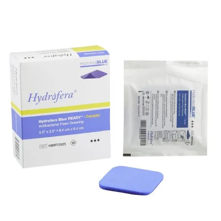 Hydrofera - From: HBRT2525 To: HBRT8080 - BLUE READY Transfer Antibacterial Foam Dressing BLUE READY Transfer 2 1/2 X 2 1/2 Inch Without Border Without Film Backing Nonadhesive Square Sterile