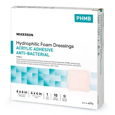 McKesson - 4976 - Antibacterial Foam Dressing McKesson 6 X 6 Inch With Border Waterproof Film Backing Acrylic Adhesive Square Sterile