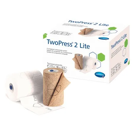 Hartmann - TwoPress 2 Lite - 332021 - 2 Layer Compression Bandage System With Visible Indicators Twopress 2 Lite 4 Inch X 7.1 Yard / 4 Inch X 8.9 Yard Self-adherent Closure Tan / White Nonsterile Standard Compression