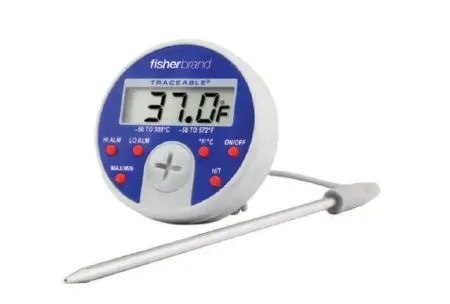 Fisher Scientific - Fisherbrand Traceable - 0666436 - Digital Thermometer Fisherbrand Traceable Fahrenheit / Celsius -4°f To +572°f (-20°c To +300°c) Stainless Steel Probe Flip-out Stand / Magnet Battery Operated