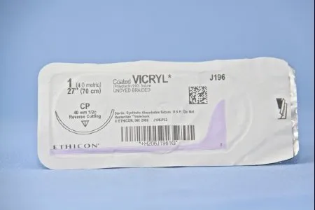 J & J Healthcare Systems - Coated Vicryl - J196h - Absorbable Suture With Needle Coated Vicryl Polyglactin 910 Cp 1/2 Circle Reverse Cutting Needle Size 1 Braided