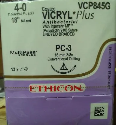 Ethicon - From: VCP822G To: VCP871H - Suture, Precision Cosmetic Conventional Cutting Prime, Undyed Braided, Needle PC 5, 3/8 Circle