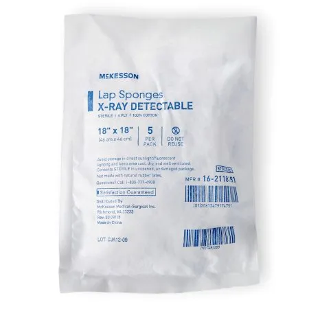 McKesson - 16-2118181 - Surgical Laparotomy Sponge McKesson X-Ray Detectable Cotton 18 X 18 Inch 5 Count Soft Pack Sterile