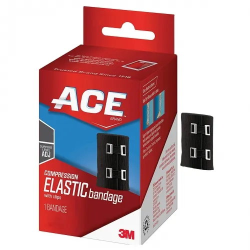 3M - ACE - From: 207333 To: 207334 -  Ace Elastic Bandage with Metal Clips, 4" x 63.6" (1.7 yards) (10.1 cm x 1.6 m), Black, Moderate Support, Latex free.