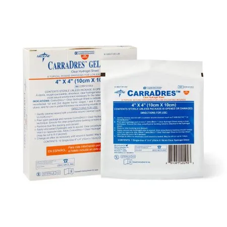 Medline - CRR101053 - Industries CarraDres Clear Hydrogel Sheet Dressing 4" x 4" Size Square Shape, Sterile, Polymer Sheet