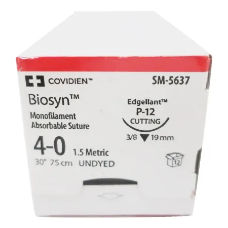 Medtronic / Covidien - Biosyn - SM-5637 - Absorbable Suture with Needle Biosyn Polyester P-12 3/8 Circle Precision Reverse Cutting Needle Size 4 - 0 Monofilament