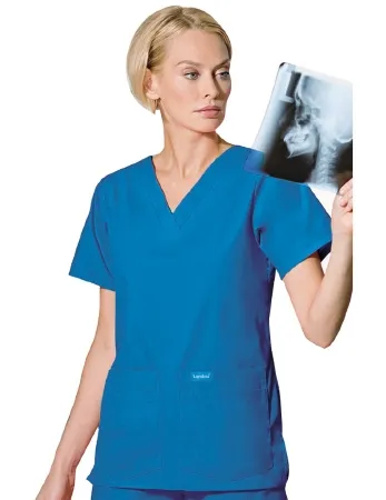 Landau Uniforms - 8219BCPXSM - Scrub Shirt X-small Ceil Blue 4 Pockets Short Set-in Sleeve Female