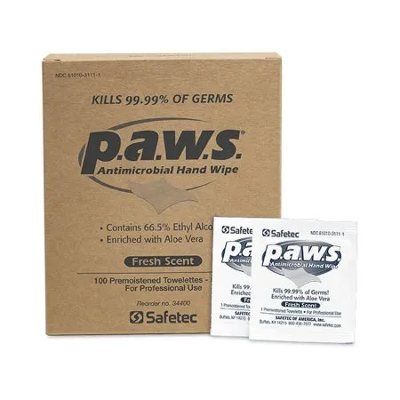 Safetec of America - P.A.W.S. - 34400 - Hand Sanitizing Wipe P.A.W.S. 100 Count Ethyl Alcohol Wipe Individual Packet