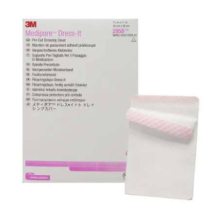 3M - 2958 - Medipore Dress It Dressing Retention Tape with Liner Medipore Dress It White 7 7/8 X 11 Inch Soft Cloth NonSterile
