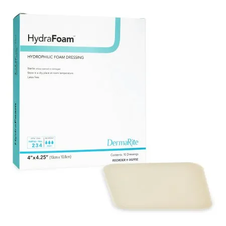 DermaRite  - From: 00294E To: 00296E - Industries HydraFoam Foam Dressing HydraFoam 4 X 4 1/4 Inch Without Border Waterproof Backing Nonadhesive Rectangle Sterile