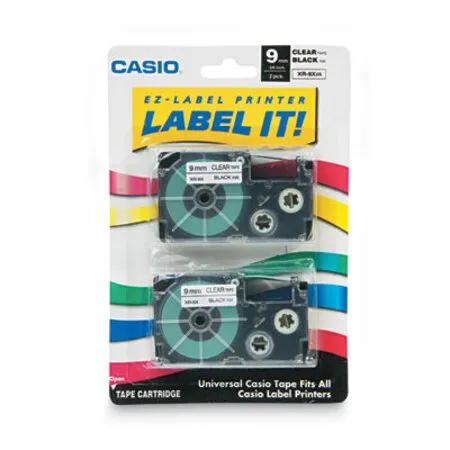 Casio - CSO-XR9X2S - Tape Cassettes For Kl Label Makers, 0.37 X 26 Ft, Black On Clear, 2/pack
