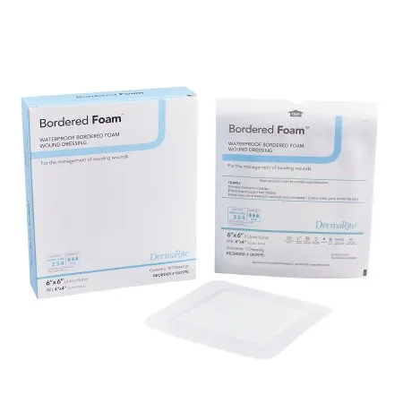 DermaRite  - BorderedFoam - 00297E - Industries  Foam Dressing  6 X 6 Inch With Border Waterproof Backing Nonacrylic Adhesive Square Sterile