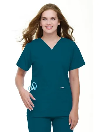 Landau Uniforms - 8219CBPSM - Scrub Shirt Small Caribbean Blue 4 Pockets Short Set-In Sleeve Female