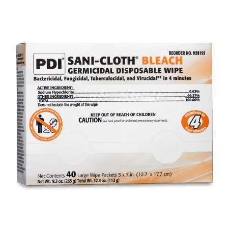 PDI - Professional Disposables - Sani-Cloth Bleach - From: H06182 To: H59200 - Professional Disposables Sani Cloth Bleach Sani Cloth Bleach Surface Disinfectant Cleaner Premoistened Germicidal Manual Pull Wipe 40 Count Individual Packet Chlorine Scent Non
