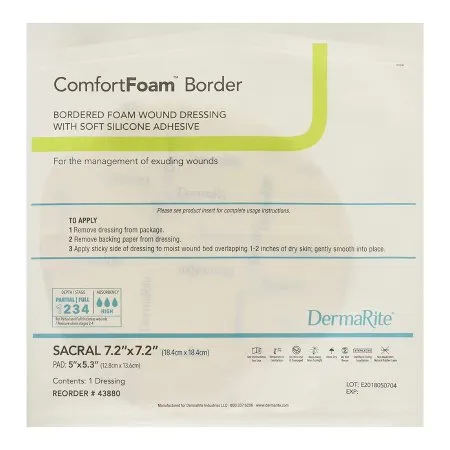 DermaRite  - ComfortFoam Border - 43880 - Industries  Foam Dressing  7 1/5 X 7 1/5 Inch With Border Waterproof Backing Silicone Adhesive Sacral Sterile