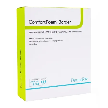 DermaRite  - ComfortFoam Border - 43480 - Industries  Foam Dressing  4 X 8 Inch With Border Waterproof Backing Silicone Adhesive Rectangle Sterile