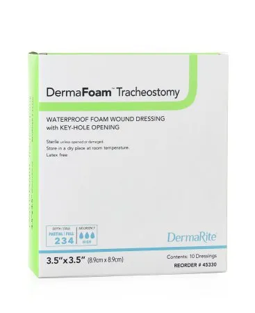 DermaRite  - DermaFoam Tracheostomy - 45330 - Industries  Foam Dressing  3 1/2 X 3 1/2 Inch Without Border Waterproof Backing Nonadhesive Fenestrated Square Sterile
