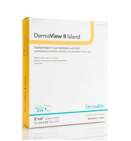 DermaRite Industries - DermaView II Island - 16340 - Transparent Film Dressing with Pad DermaView II Island 3-1/2 X 4 Inch Frame Style Delivery Rectangle Sterile