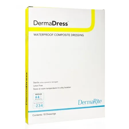 DermaRite  - DermaDress - From: 12410 To: 12414 - Industries  Composite Dressing  4 X 10 Inch Rectangle Sterile Waterproof Film Backing