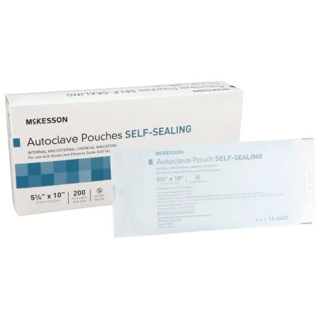 McKesson - 16-6424 - Sterilization Pouch Ethylene Oxide (EO) Gas / Steam 5 1/4 X 10 Inch Transparent Blue / White Self Seal Paper / Film