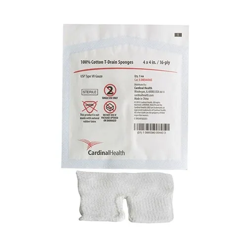 Cardinal Health - Med - C-DRS4416S 100% Cotton Drain Sponge, USP Type VII 4" x 4", 16-ply, Sterile 1's, Latex Free.