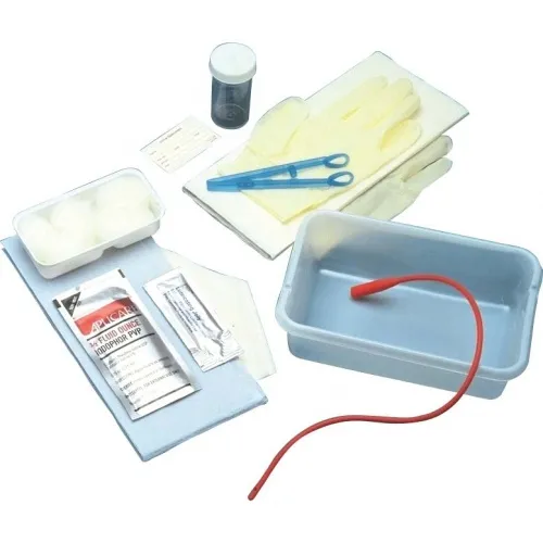 Cardinal Health - Dover - 8887600057 -   Red Rubber Open Catheter Tray 14 fr Sterile, Pair of latex exam gloves
