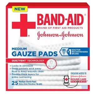 Johnson & Johnsonnsumer - 111612600 - J & J Band-Aid First Aid Gauze Pads 3" x 3" 25 CT.  Sterile.