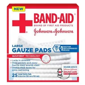 Johnson & Johnsonnsumer - 111612800 - J & J Band-Aid First Aid Gauze Pads 4" x 4" 25 CT.  Sterile.