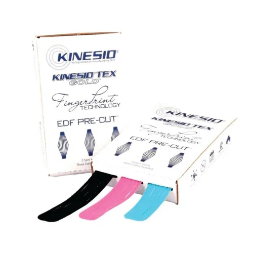 Kinesio Holding Corporation - PCEDF - Kinesio Tex Gold EDF Pre-Cut Tape, 2.5 cm x1.5 cm, 60 strips/dispenser box (20 ea Black, Red, Blue), 10 bx/carton (Products cannot be sold on Amazon.com or any other 3rd party platform)