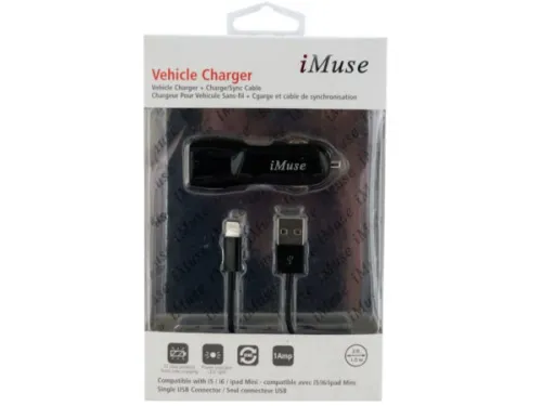 Kole Imports - EN029 - Imuse Iphone Vehicle Charger &amp; Charge/sync Cable Set
