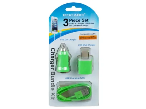 Kole Imports - EN286 - Green 3 Piece Iphone Charging Set With Wall And Car Charger