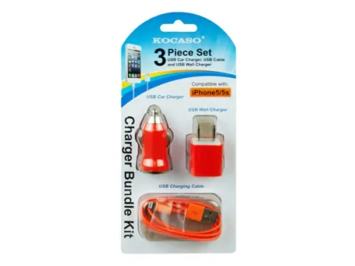 Kole Imports - EN288 - Orange 3 Piece Iphone Charging Set With Wall And Car Charger