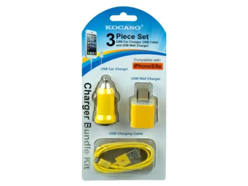 Kole Imports - EN291 - Yellow 3 Piece Iphone Charging Set With Wall And Car Charger
