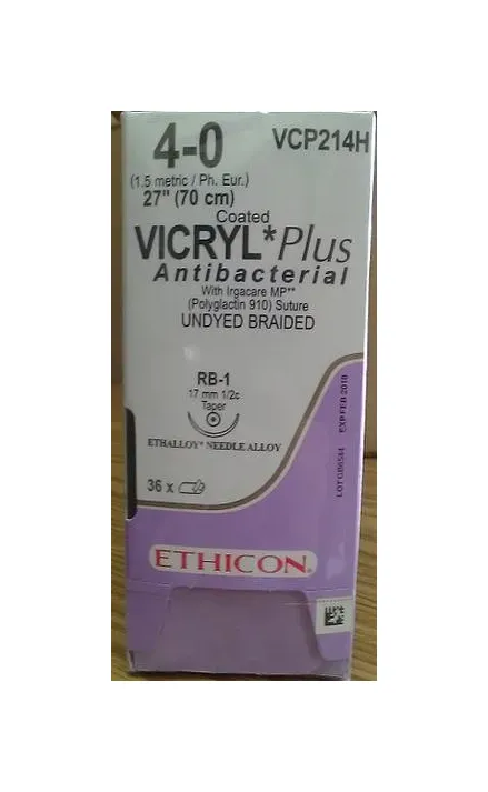 Ethicon Suture                  - Vcp213h - Ethicon Vicryl Plus Coated Antibacterial Suture Taper Point Size 50 27" Undyed Braided 3dz/Bx
